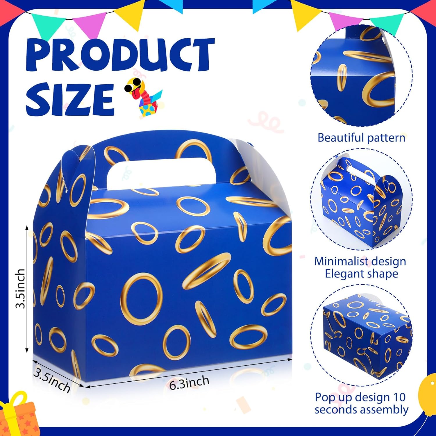 Marspark 48 Pack Blue with Gold Ring Party Favor Treat Boxes with Handles Hedgehog Theme Paper Goodie Candy Gift Gable Boxes for Video Game Birthday Party Decorations(Blue and Golden)