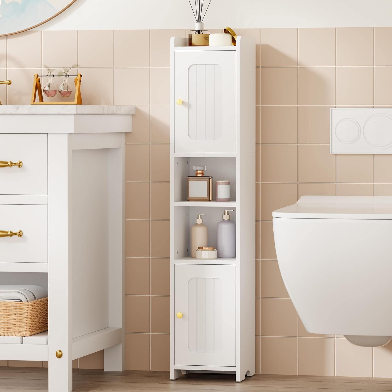 ANWBROAD Slim Bathroom Storage Cabinet Corner Narrow Cabinet with 2 Doors and Adjustable Shelf Freestanding Small Bathroom Organizers and Storage for Small Spaces, Kitchen, Living Room White USBC011W