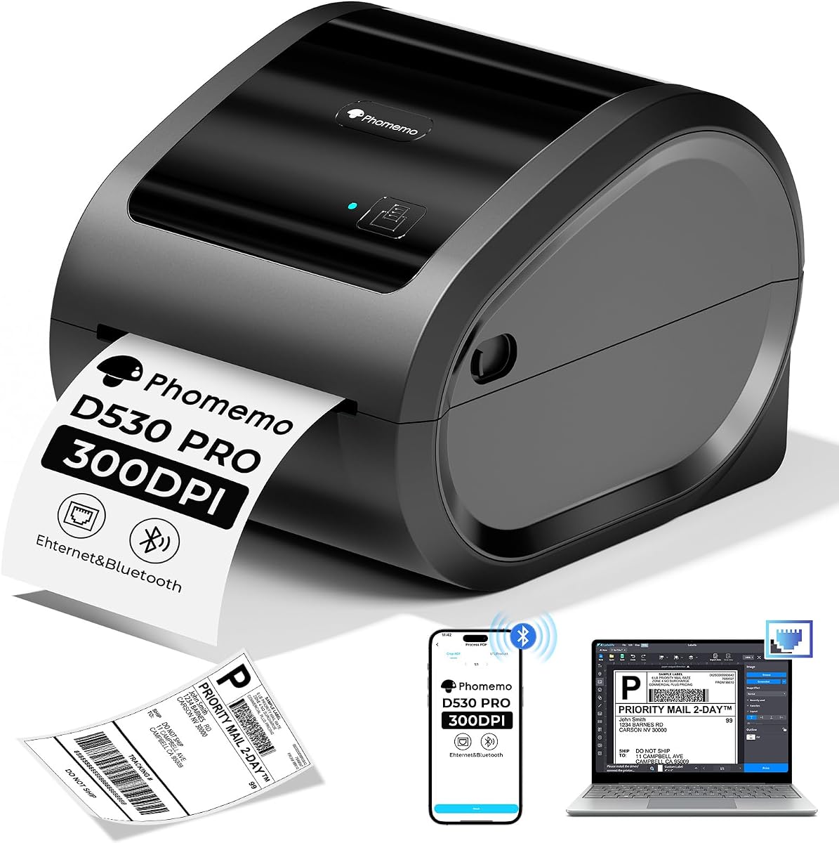 300DPI Ethernet Thermal Label Printer 4x6 with Built-in Paper Bin | D530Pro shipping label printer for small business/home/office, Ethernet/Bluetooth/USB connection, compatible with Amazon/USPS