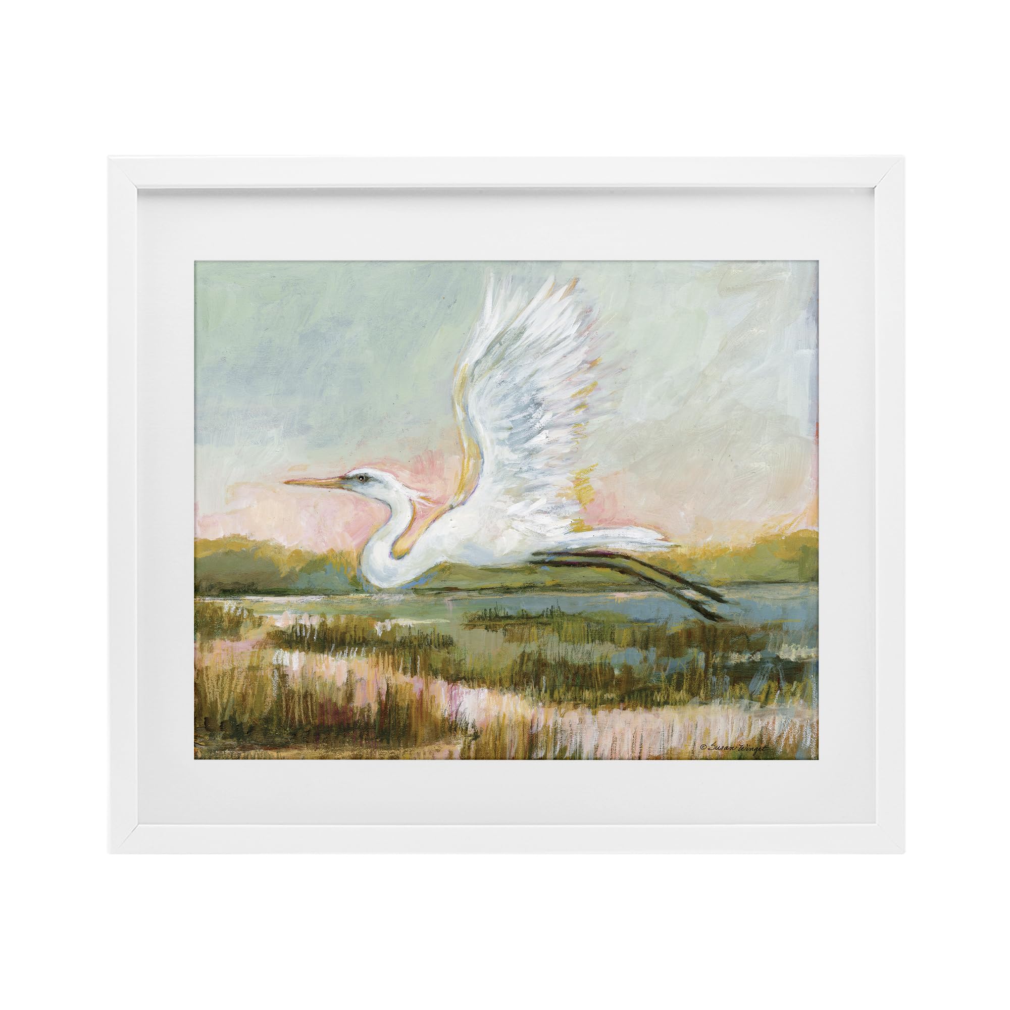 Stupell Industries Coastal White (Textured) White Heron Flying Nature Landscape, 17 X 21 Inch Framed Print Under Glass