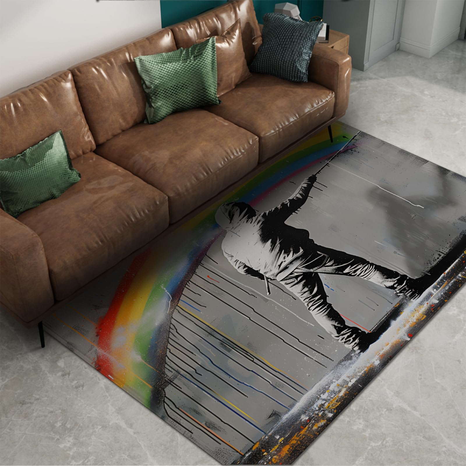 Kinderteppich Kinderzimmer Bereich Teppich Straße Graffiti Fußmatten Regenbogenmuster Teppich für Jungen Mädchen Wohnzimmer Schlafzimmer Klassenzimmer Teppich 50 x 80 cm