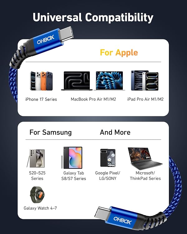 USB C to C Cable 60W, 10FT Long USB Type C Fast Charging Cable for Car Durable Braided iPhone USB C Charger Cable USBC to USBC Cord for iPhone 17/16/15/Pro Max/Plus, Samsung Galaxy and More-Blue by ohbox - Image 8