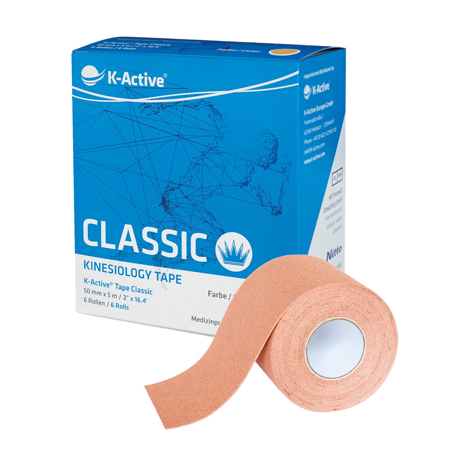 K-Active Nastro kinesiologico Classic BEIGE, impermeabile e ipoallergenico, 50 mm x 5 m, 6 rotoli