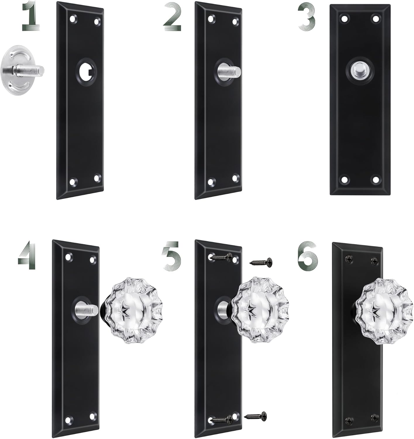 2 Pack Matte Black Single Sided Crystal Dummy Door Knobs Interior, Vintage Glass Dummy Door Knobs with Long Plate