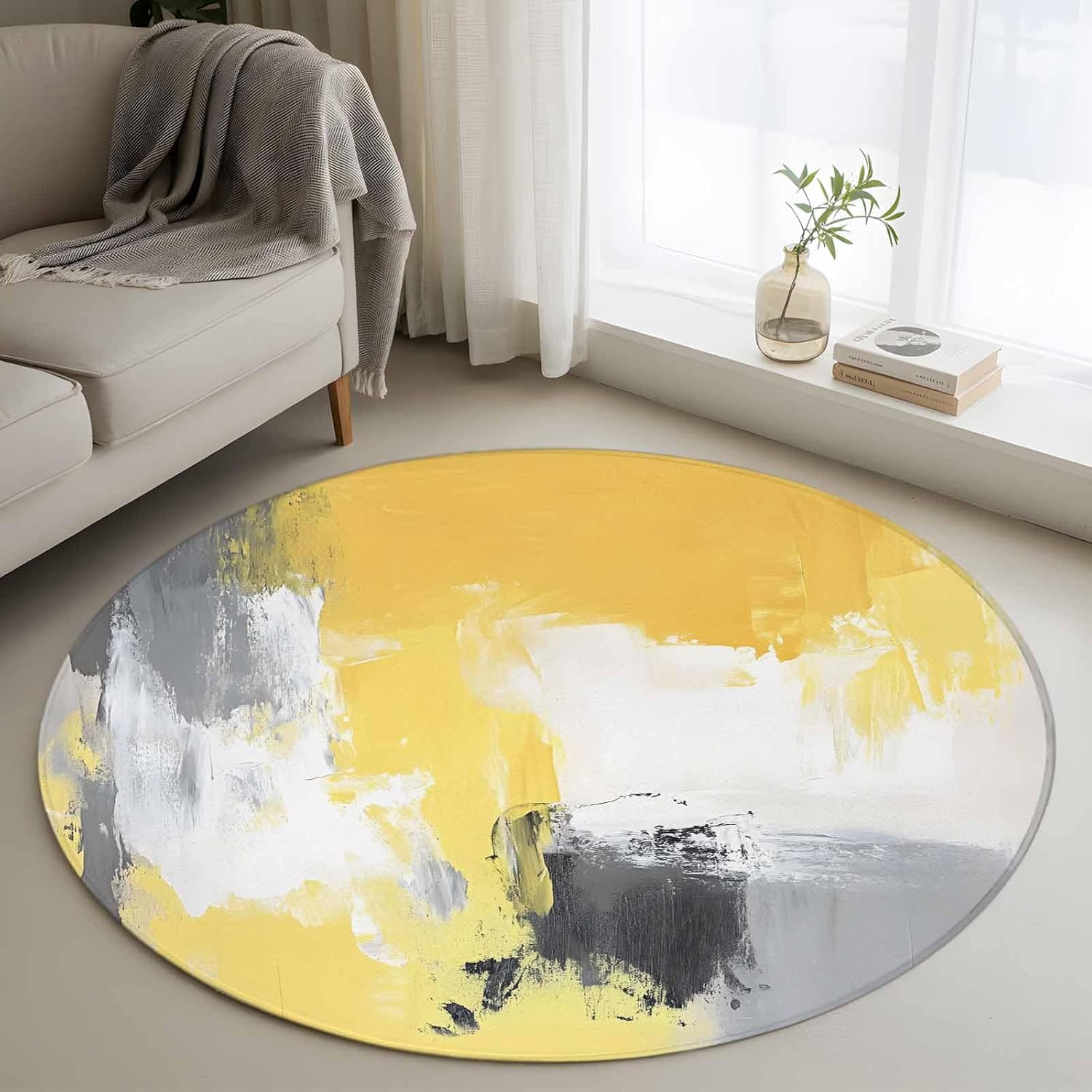 Round Rugs 3.3ft, Yellow Gray Non Slip Washable Rug Runner, Modern Oil Painted Abstract Geometric Low Pile Indoor Floor Carpet Mat Bathroom Rugs for Living Room, Bedroom, Kids Room