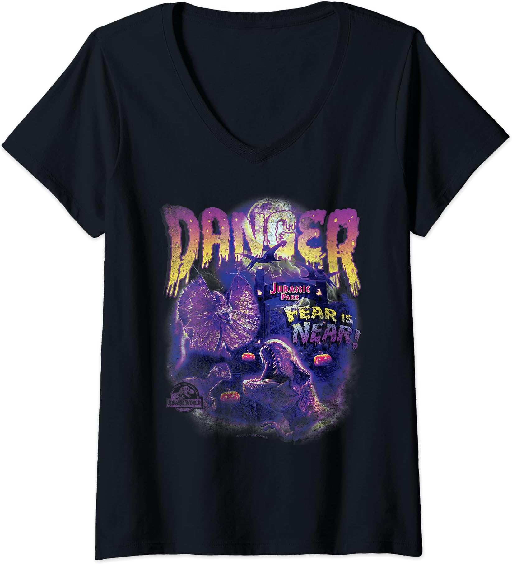 Jurassic Park Fear is Near Vintage Style V-Neck T-Shirt