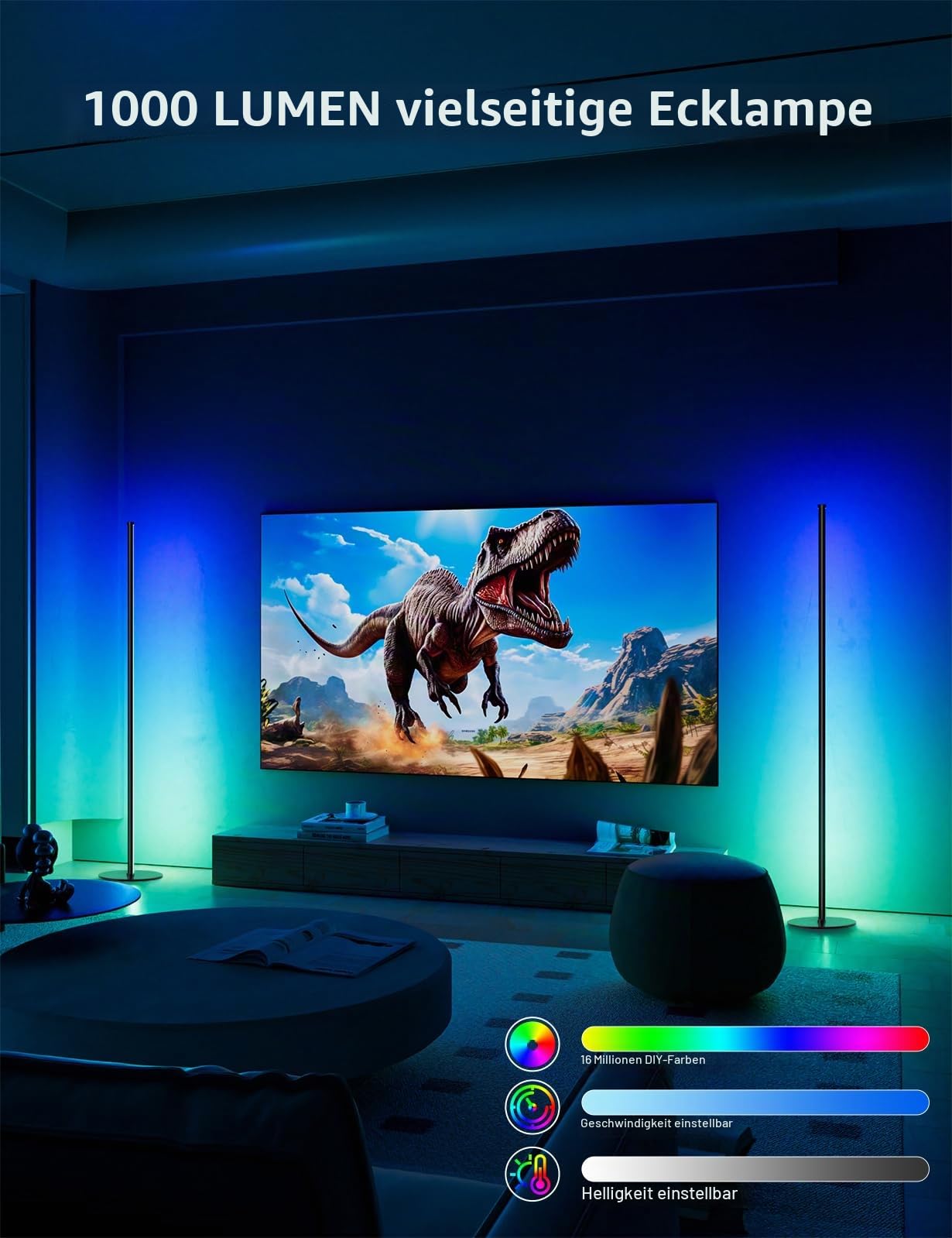 LED Stehlampe Wohnzimmer, 180cm RGB Stehlampe Dimmbar mit Fernbedienung, APP-Steuerung, 16 Millionen Farben Musik Sync Warm Weiße Eckleuchte, Ecklampe für Wohnzimmer Schlafzimmer Spielzimmer