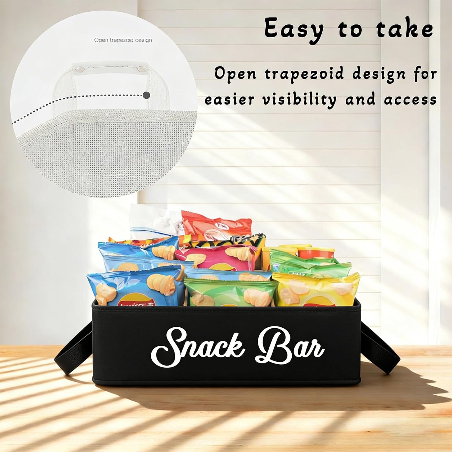 Snack Organizer for Countertop, Snack Basket with Adjustable Compartments via Velcro, 6 Compartment Food Container, Basket for Snacks with PU Handles, Black - Image 5