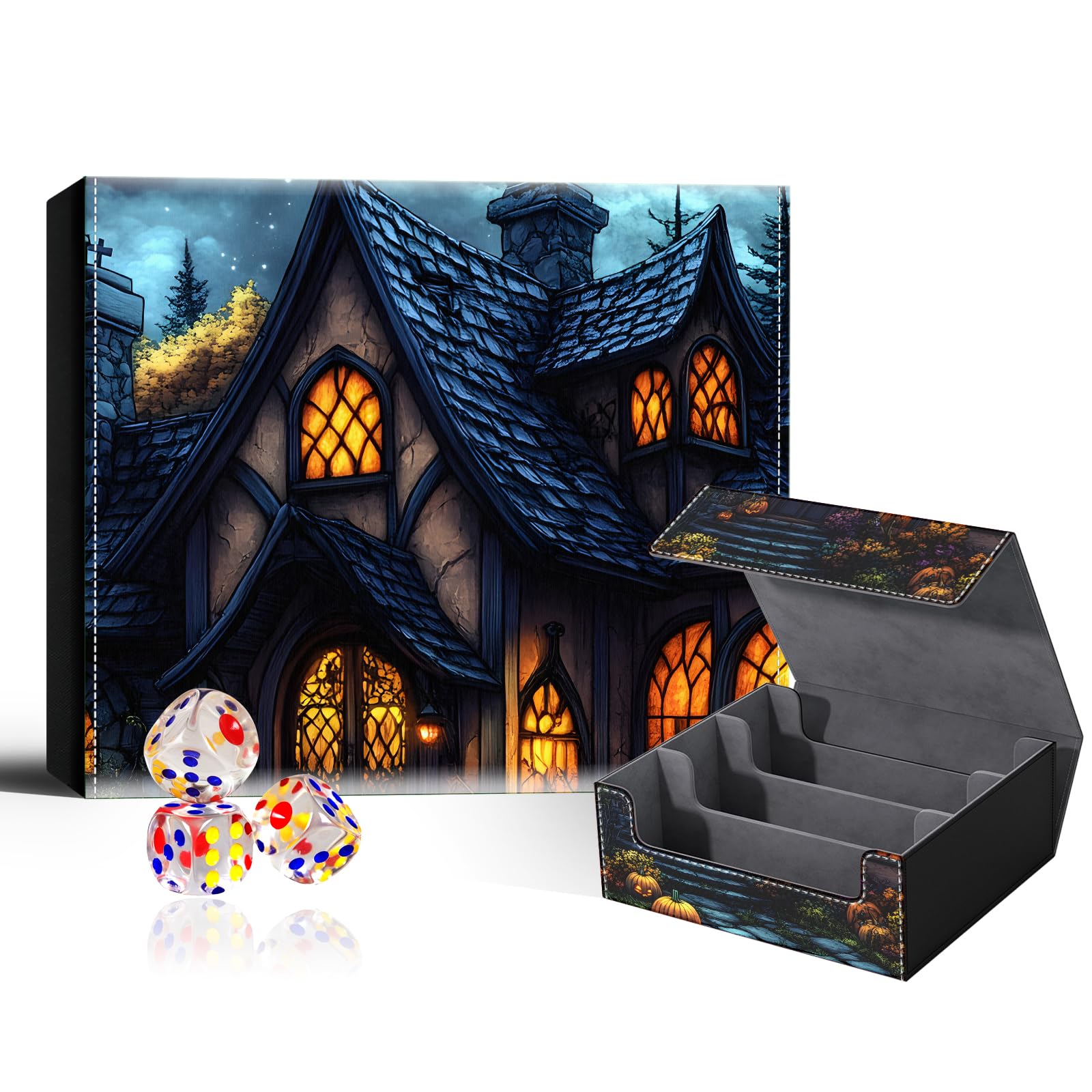 VOGDMKJG Trading Card Deck Box Fit 1800+ Single Sleeved Cards,PU Leather Magnetic Closure Card Storage Box With 3 Dice For MTG/TCG/PTCG/Magic Card Storage Case Large 3 ROW Design Dark Pumpkin House
