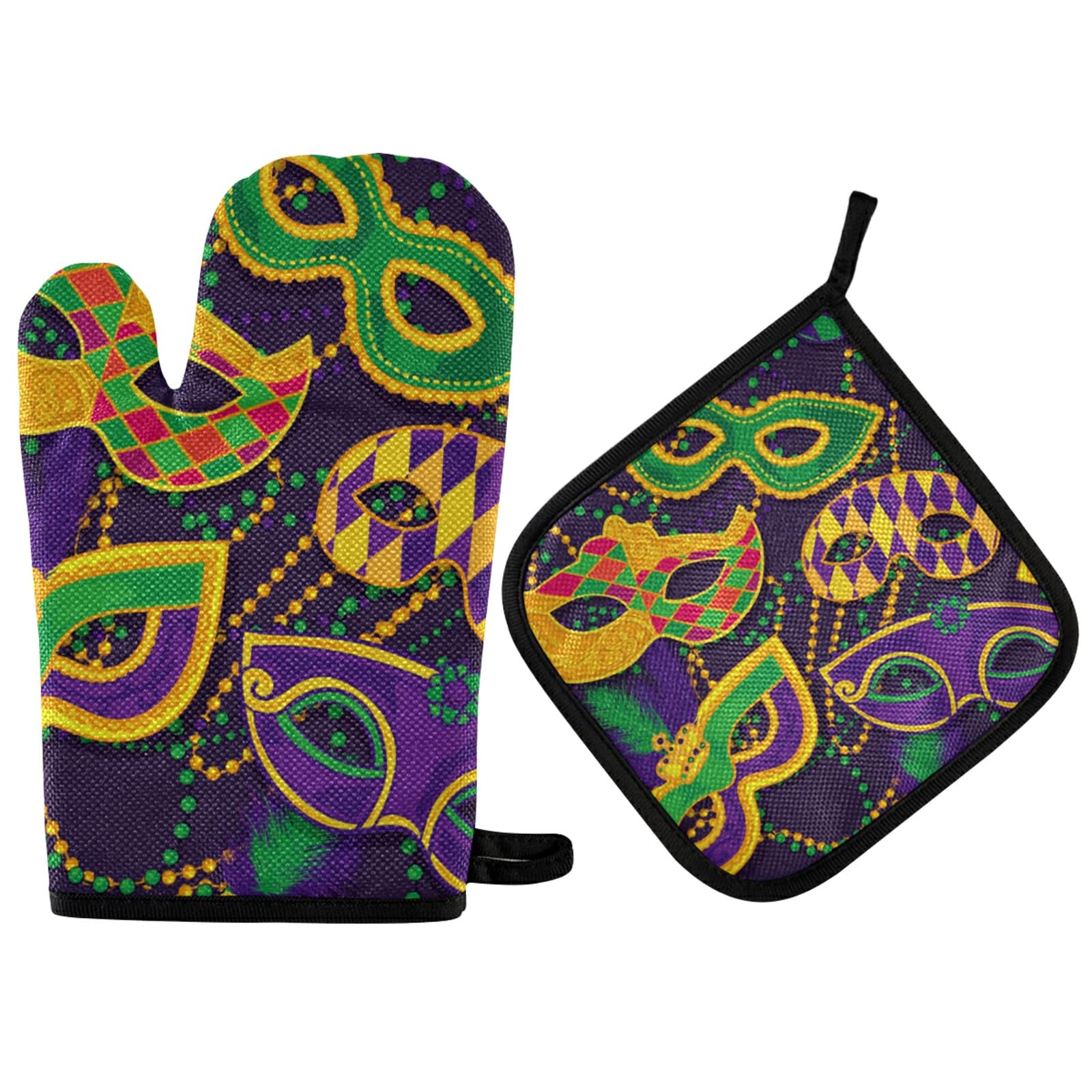 Aflyko Mardi Gras Oven Mitt Pot Holder Gift Set Carnival Masquerade Mask Necklace Funny Cooking Glove Kitchen Potholder BBQ for Baking