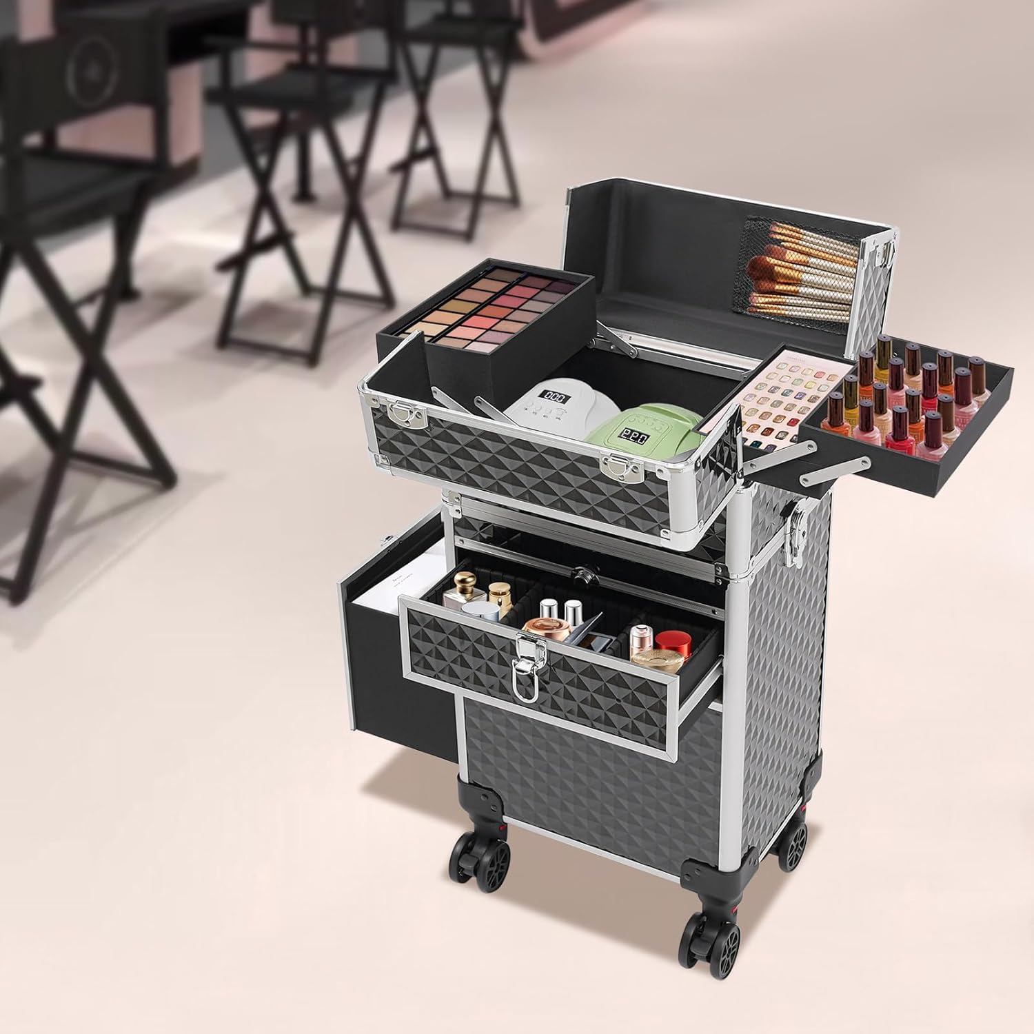 Rolling Makeup Train Case, Multifunctional Cosmetic Trolley with 4 Universal Wheels, Professional Cosmetic Beauty Storage Case, Cosmetology Display Suitcase for Hair Stylist, Beautician