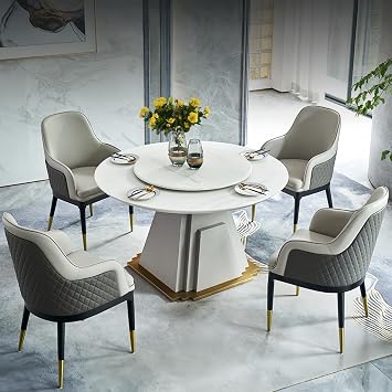 59" Dining Table Set - Solid Wood Kitchen Table and Chairs with Marble Top, Leather Upholstered Seats, Gold Stainless Steel Base, Luxury Dining Room Set for Home, Dining Table Set for 8