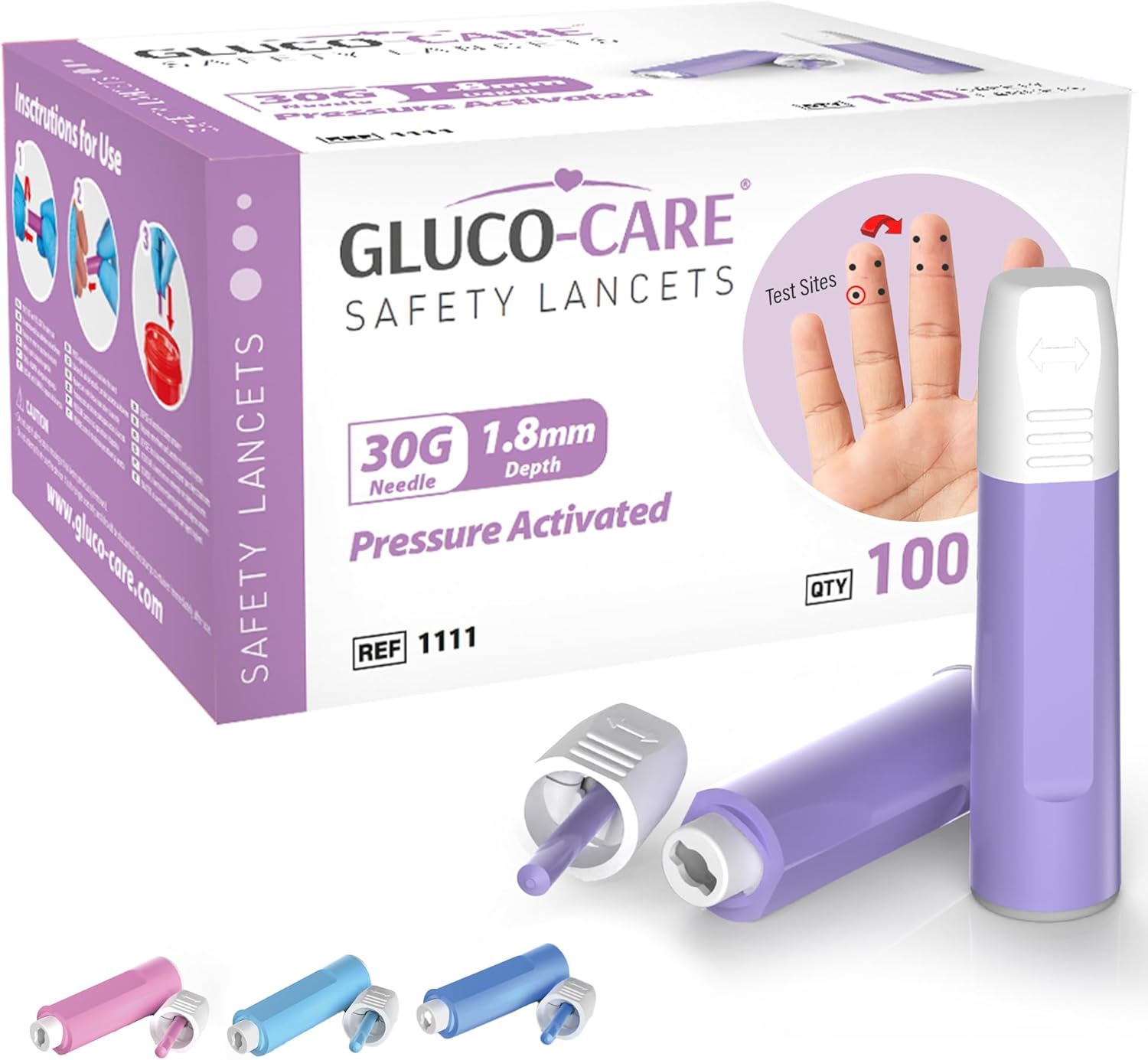 Safety Lancets, Contact Activated, 30G x 1.8 mm, Pre loaded, Sterile, Box of 100, Convenient Fingerprick Device