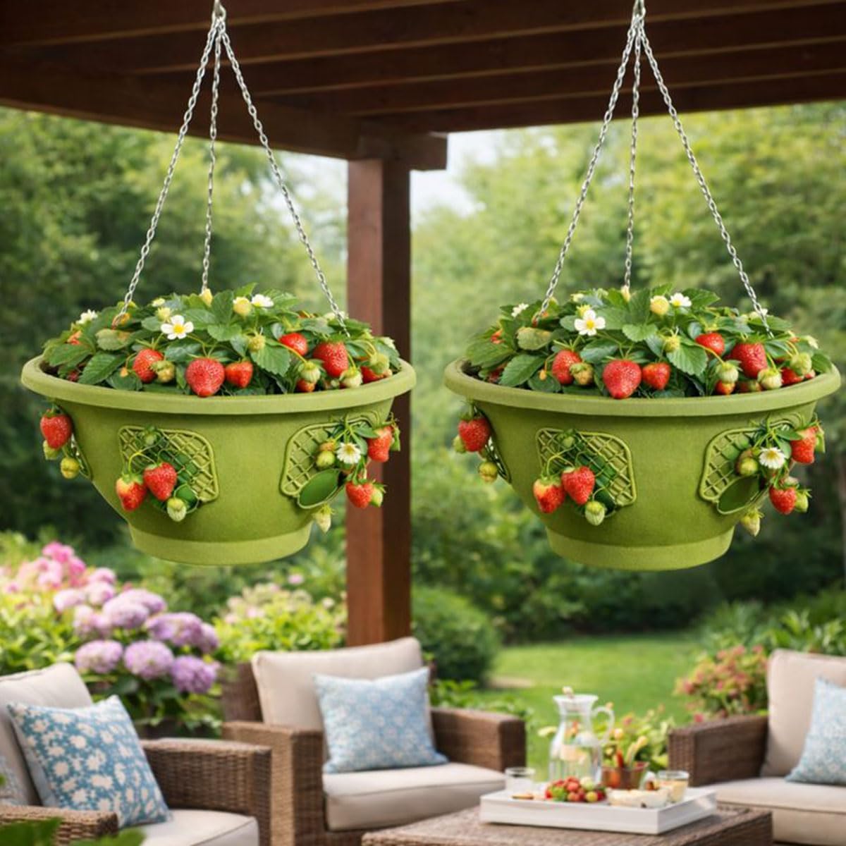 Ultimate Hanging Basket Strawberry & Flower Planter – 6 Side Planting Spaces, Drainage Hole, 1” Water Reservoir, Zinc-Plated Chain Included, Made in The USA (Sagebrush Green)