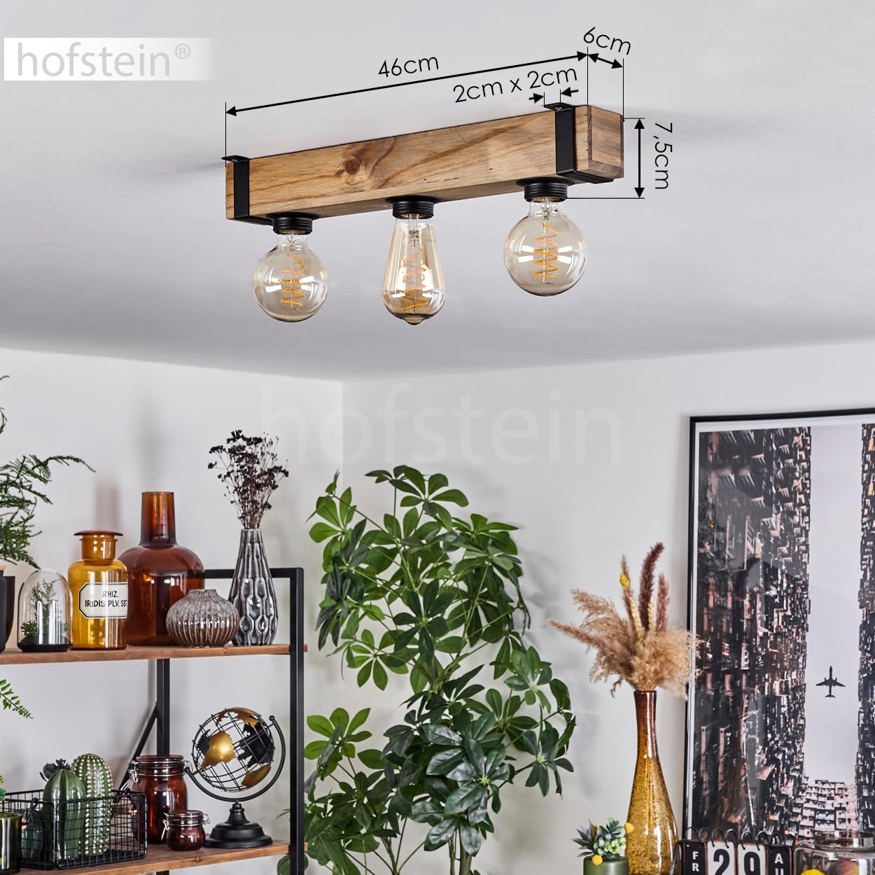 HOFSTEIN Deckenleuchte Montgomery, 3-flammige Deckenlampe aus Holz/Metall in Natur/Schwarz, Leuchte im Industrial/Retro/Vintage-Design mit Holzbalken, E27, Esszimmer, Küche, Wohnzimmer, Schlafzimmer