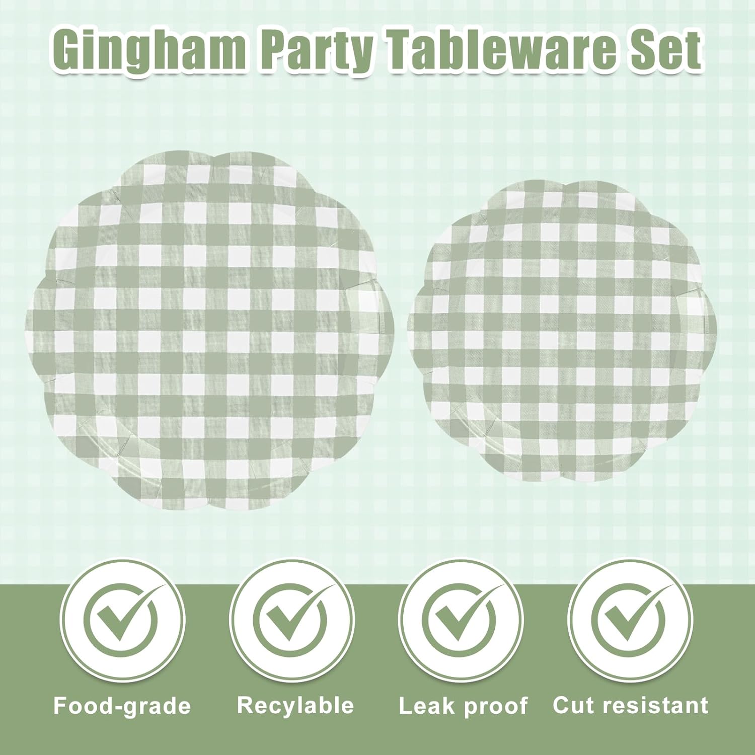 Maxdot Matcha Green Paper Plates 100 Pack Gingham Party Decoration 9" & 7" Checked Plaid Disposable Dessert Plates Tableware for Baby Shower Wedding Birthday Party Supplies