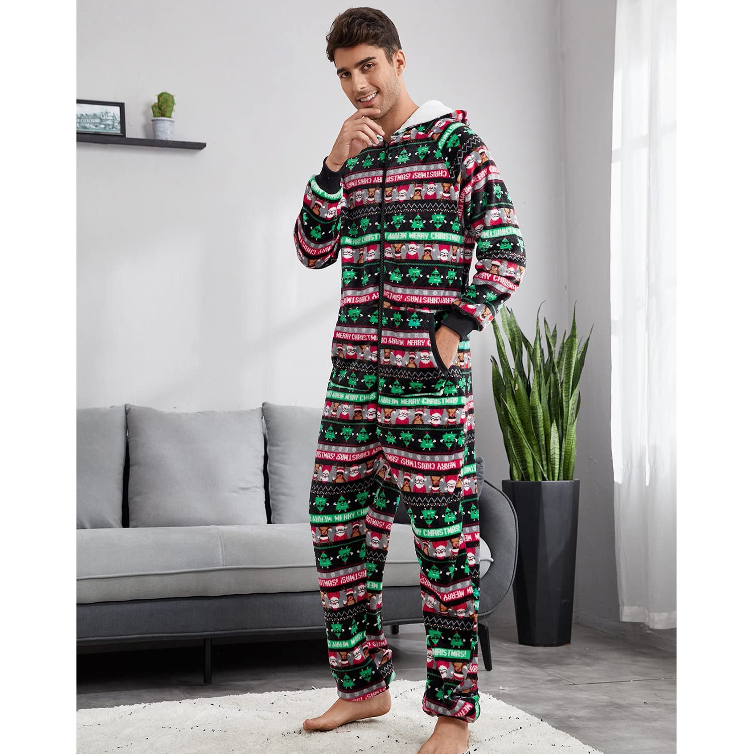 Pijama Navidad Una Pieza Hombre Franela Pijamas Mono Entero con Capucha Manga Larga Invierno Calentito Jumpsuit Adulto Onesie Ropa de Casa Dormir Negro Verde Rojo S
