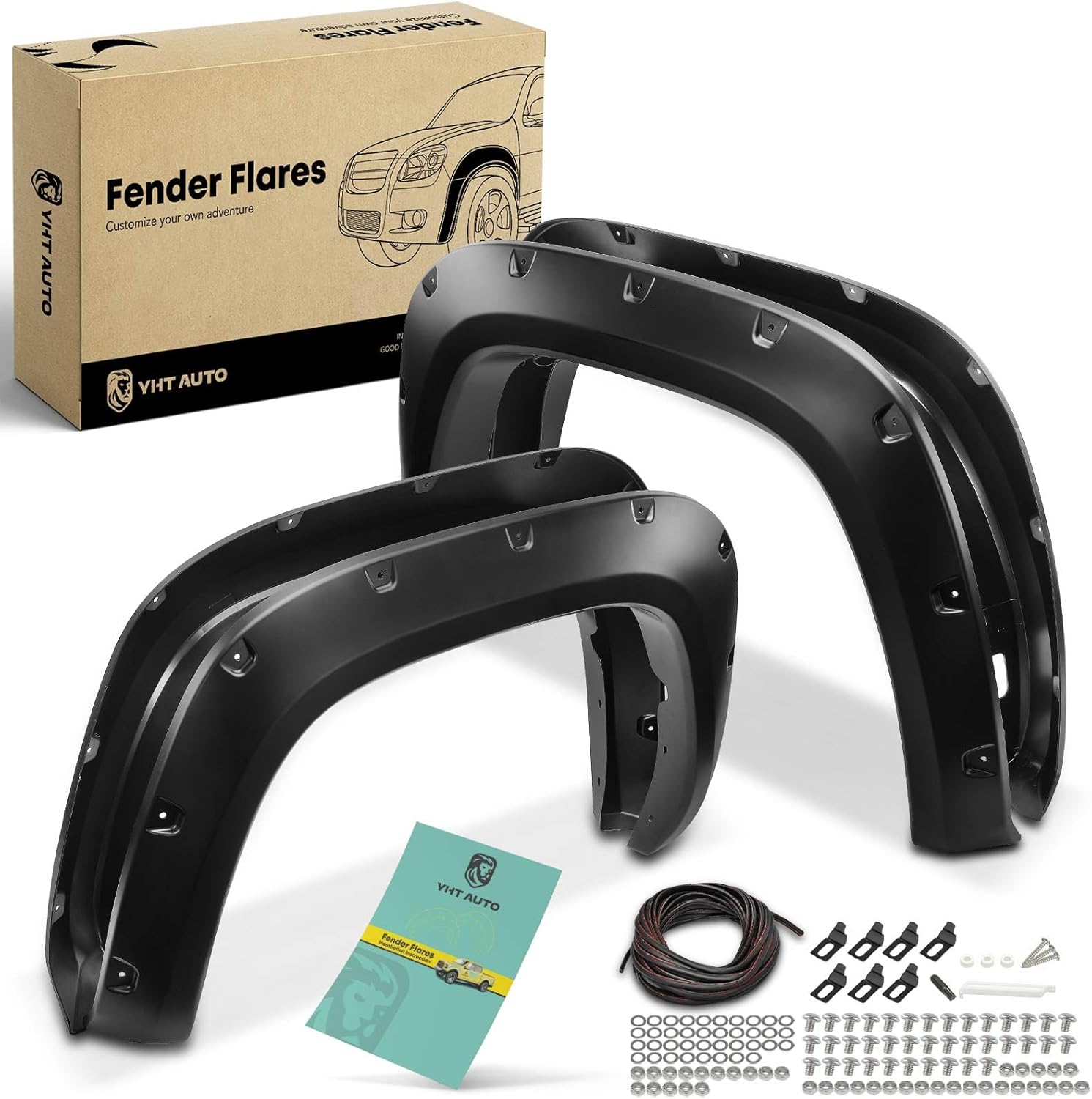 YHTAUTO Front & Rear Fender Flares w/Hardware Kit Compatible with 2022-2026 Toyota Tundra, Pocket Bolt-Riveted Style Shiny Black Wheel Flare Cover Protector