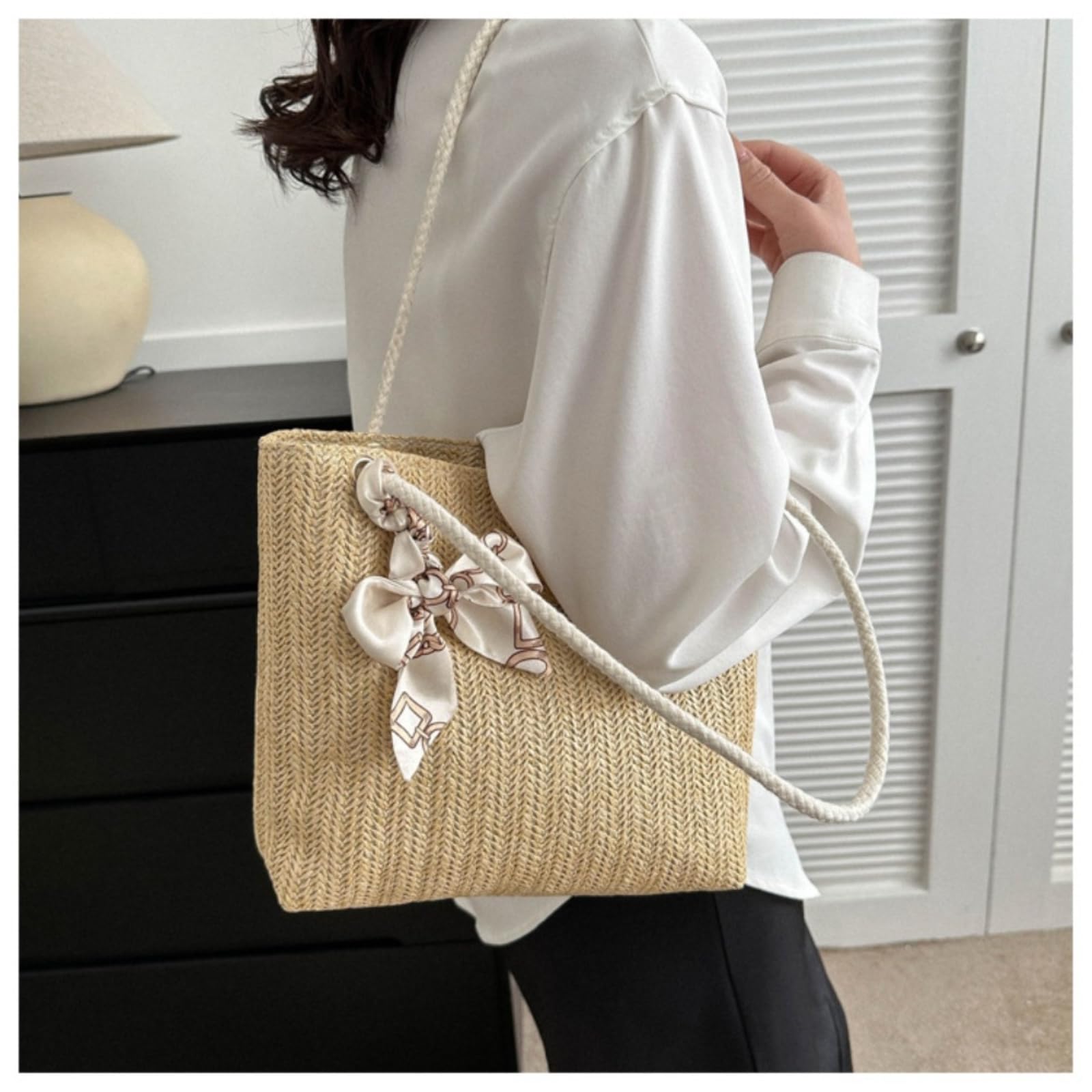 Borsa di Paglia Donna A Tracolla Estiva, da Pendolare Grande capacità delle Donne, alla Moda-White