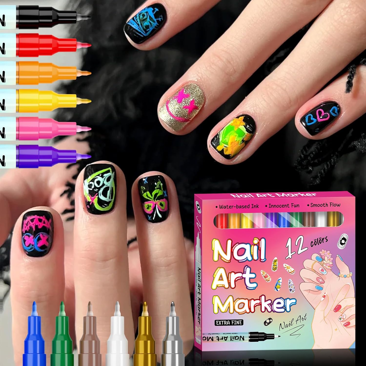 Waterproof Nail Art Pen, Quick Dry Nail Art Pens, 12/24 Color Nails Arts Pen Set, DIY Nails Arts Marker Drawing Painting Liner Pens, 0.5mm Precision Tip (24Color)