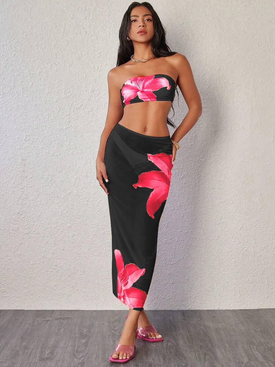 ZAFUL Womens 3pcs Bikini Swimsuits Bandeau 3 Piece Swimwear High Cut Bikini Sets with Long Sheer Coverup Dress - Image 2