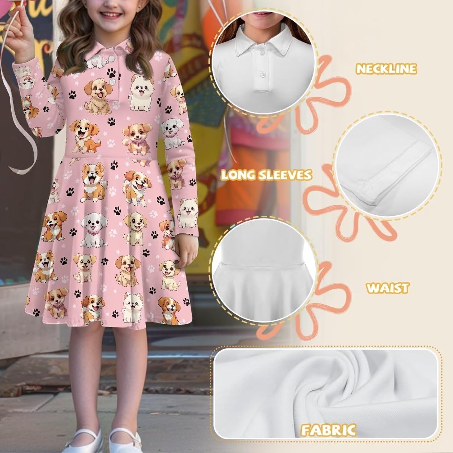 Puppy Dog Dresses for Girls 9T-10T Long Sleeve Knee Length Dresses Kids Fall Party Dresses A Line Swing Twirly Skater Tunic Dresses Casual Flowy Dresses School Uniform