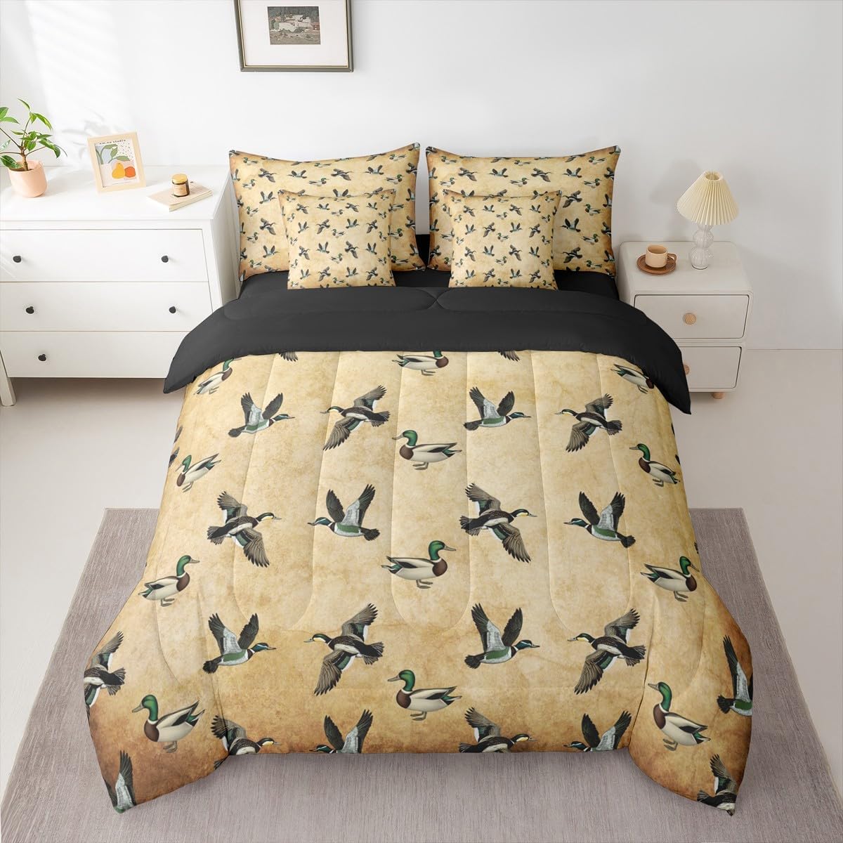 Duck 7 Piece Bedding Set Full Size Duck Hunter Comforter Set with Sheets Hunting Theme Bed in a Bag with Comforter, Sheets, Pillowcases & Cushion Cover Vintage Room Decor All Season Soft