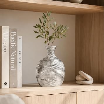 Torre & Tagus Hammered Ceramic Bottle Vase, Tall, Silver