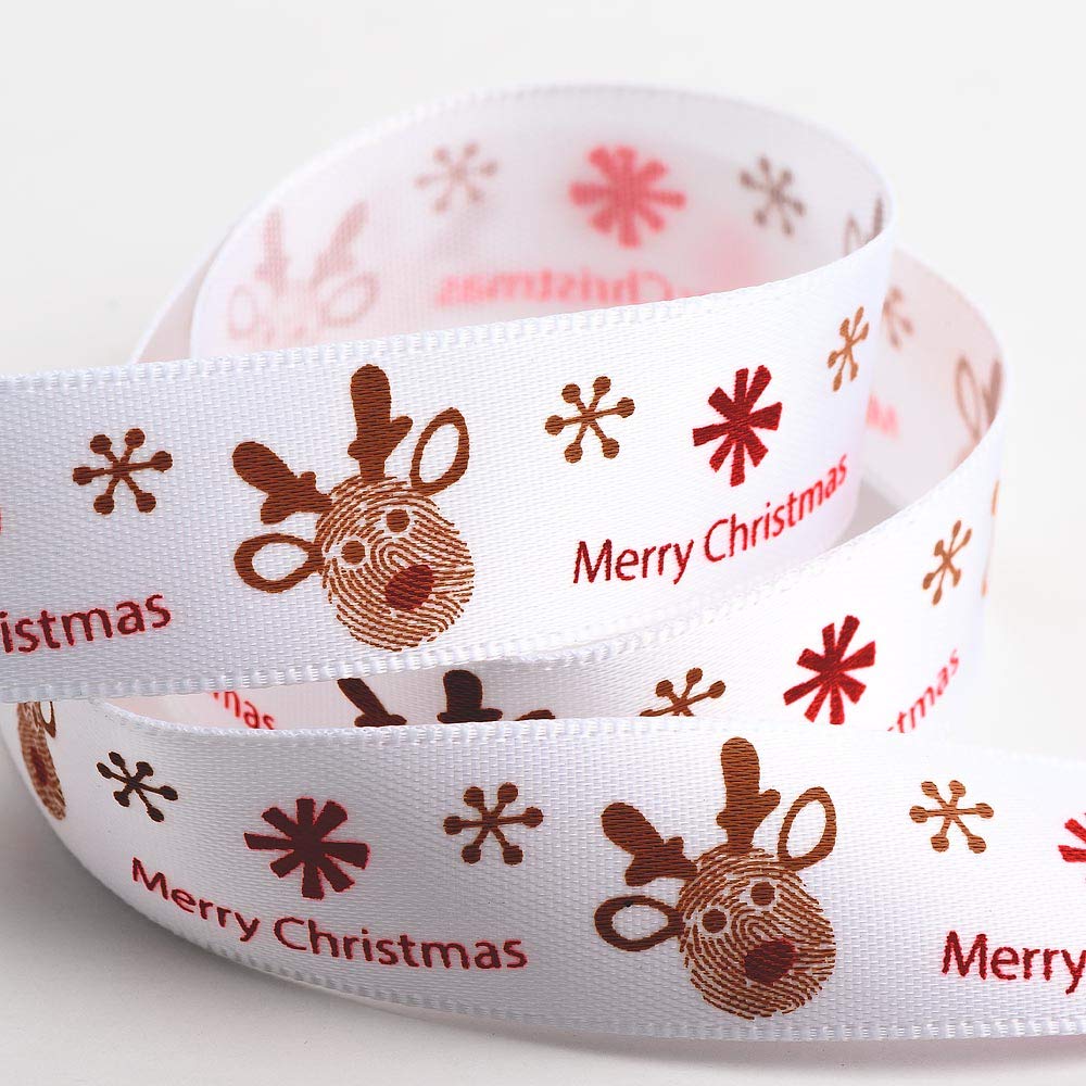 Italian Options Reindeer Merry Christmas Satin Ribbon For Gift Wrapping, Christmas Ribbon For Crafts, Wreaths, Tree Decorations, Cards, Fabric Ribbons, White, 16 Mm X 5 Metre Roll