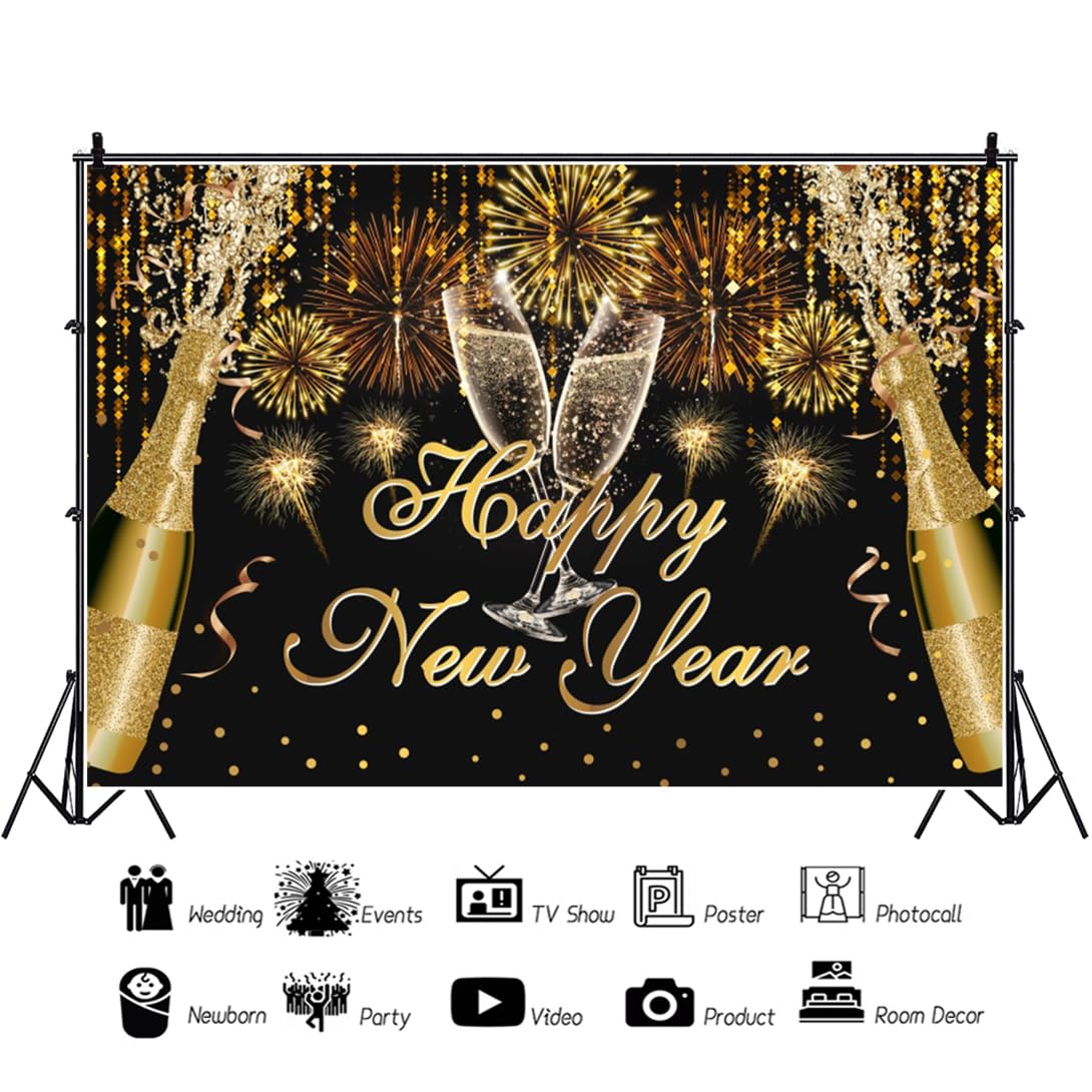 Laeacco Happy Birthday Backdrops For Photography 10x6.5FT Black And Gold Birthday - View #2