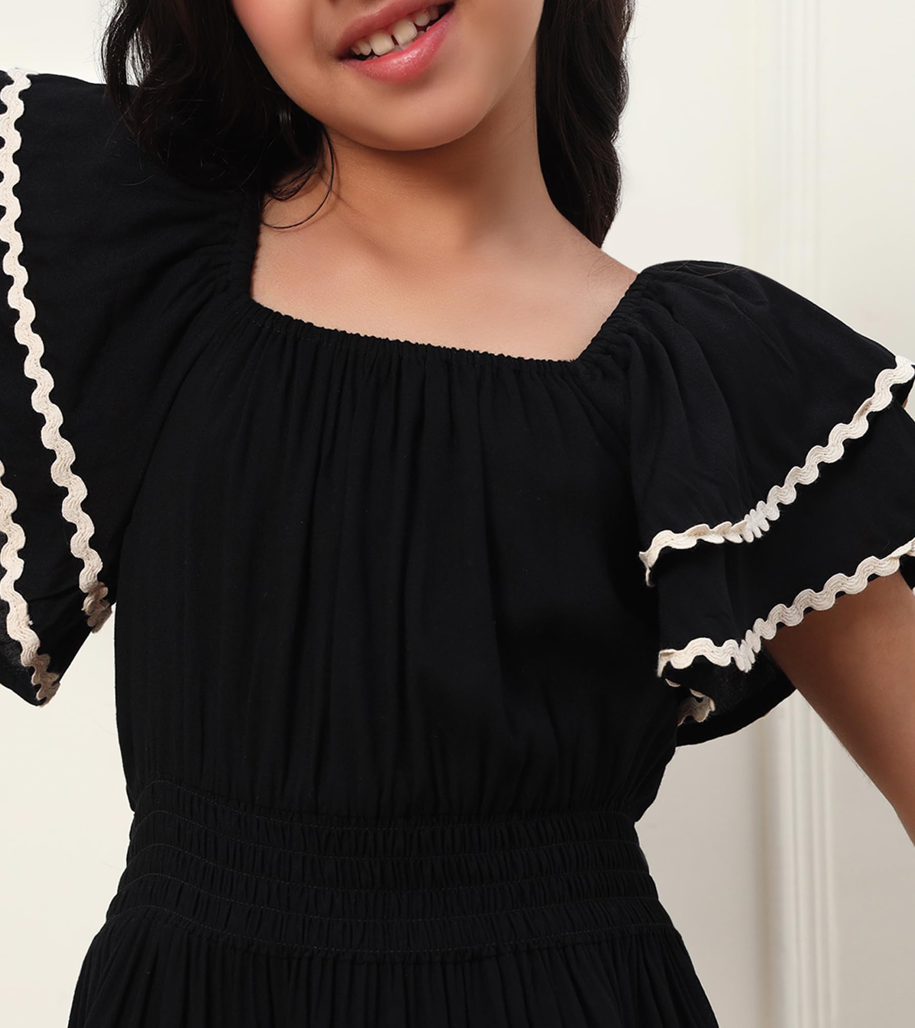 Bugandbees Solid Cotton Tiered Fit & Flare Dress for Girls|Square Neck Cap Sleeves Midi Length Dress for 3 Years to 13 Years Kids|Party Casual Wear Western Collection (BBDR00000124_12-13Y_Black) 1