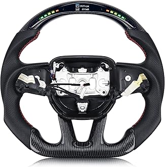 - Real Carbon Fiber Steering Wheel Red Stitching For Dodge Charger/Challenger/SXT/GT/RT/SRT/Heallcat D-shaped LED Shift Indicator Nappa Perforated Leather Flat-bottom Steering Wheel-With Heat