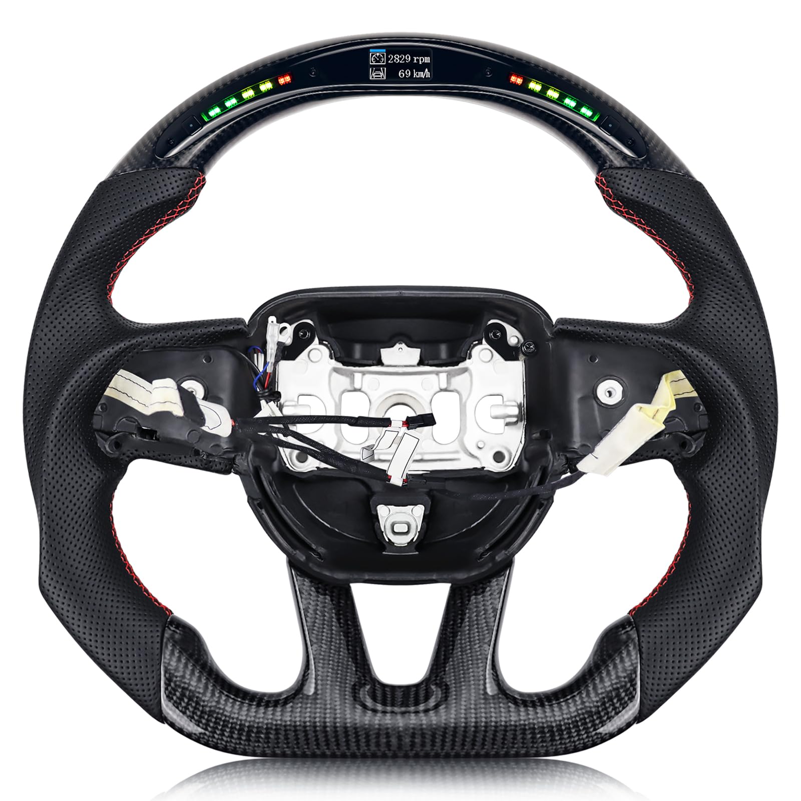 Real Carbon Fiber Steering Wheel Red Stitching For Dodge Charger/Challenger/SXT/GT/RT/SRT/Heallcat D-shaped LED Shift Indicator Nappa Perforated Leather Flat-bottom Steering Wheel-With Heat