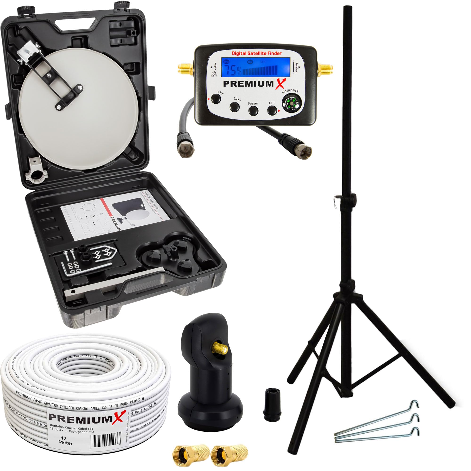 Camping Satelliten-Anlage Mobile Antenne Single LNB TV SAT-Finder 10m Koaxial-Kabel Dreibein Stativ