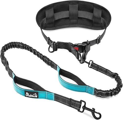 SlowTon Correa para perro manos libres, con bolsa extraíble con cremallera, cuerda elástica que absorbe los golpes, doble asa y costuras