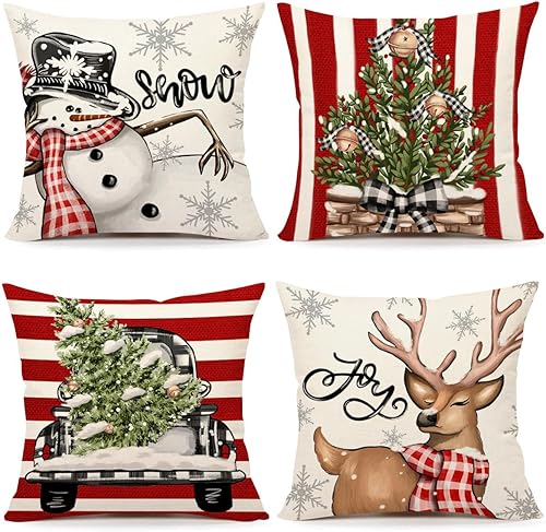 4TH Emotion Juego de 4 fundas de almohada navideñas de 18 x 18 pulgadas, decoración navideña de granja, muñeco de nieve, reno, eucalipto, camión,