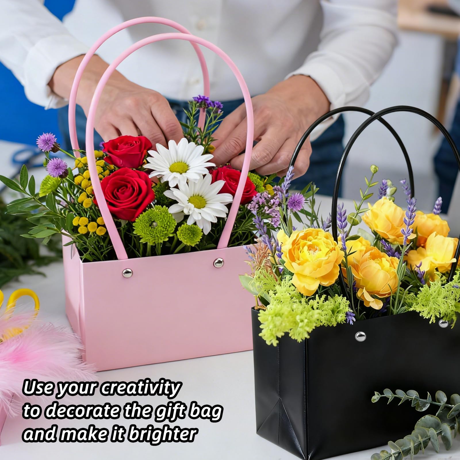 Confezione da 16 scatole regalo per fiori con manici, 22 x 10,5 cm, scatole per fiori per fioristi, scatole regalo per composizioni floreali nere bianche rosa blu per anniversario di matrimonio