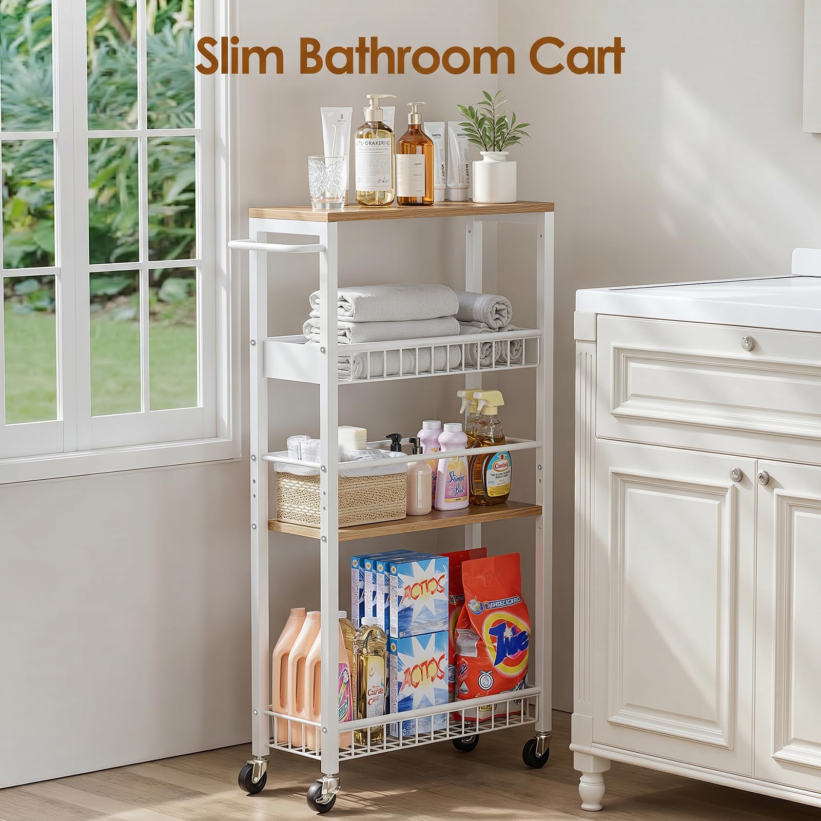 Carrello Portaoggetti Sottile con Ruote, Carrello a 4 Ripiani con Maniglia, 7,1" di Profondità, Altezza Regolabile, Scaffale Mobile Multiuso per Cucina, Bagno, Lavanderia, Bianco