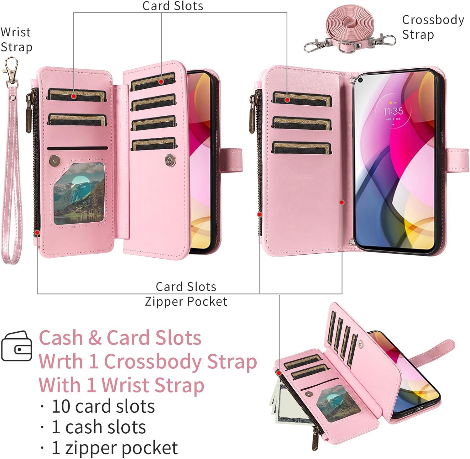 Asuwish Phone Case for Moto G Stylus 5G 2021 Cover with Tempered Glass Screen Protector and Lanyard Zipper Wallet Card Holder Slot Stand Cell Accessories Motorola GStylus G5 XT2131DL Women Men Pink
