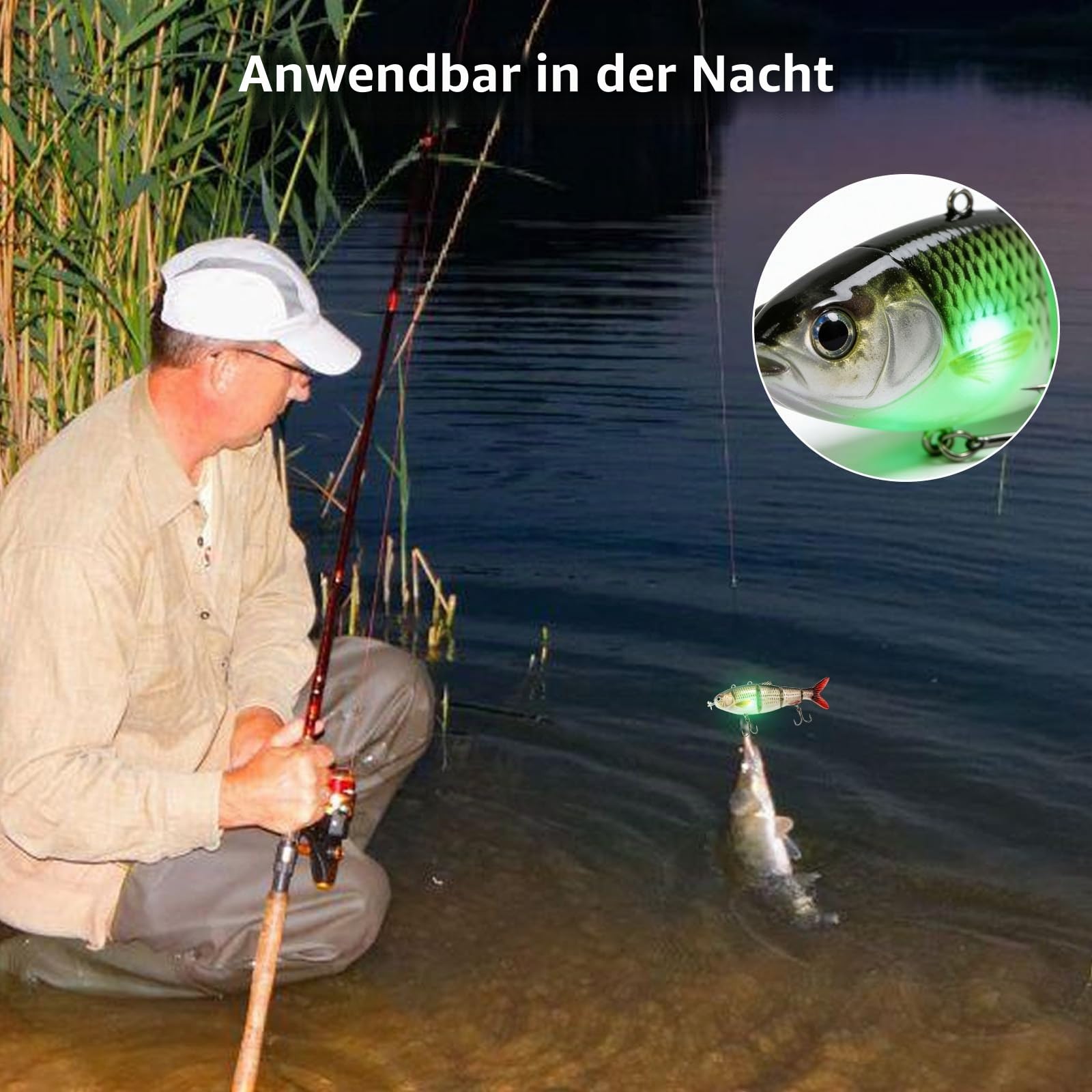 GAOUTO Elektrischer Angelköder: Grünes LED-Licht Roboter Angelköder, 3D-Design Wiederaufladbarer Schwimmköder, Metallglieder Mehrgelenkiger Köder, für Süßwasserangeln