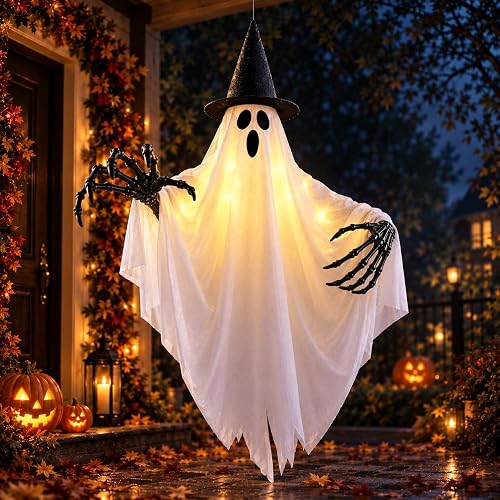 Halloween Hanging Light Up Ghost Decorations Pre-Assembled Warm LED Decor | Ready-to-Hang Ghost, Adjustable Arms with Claw, Ideal for Porches, Fireplace, Yards & Entryways