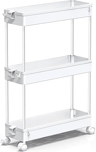 Miniatura 17 de SPACEKEEPER Carrito de almacenamiento delgado con ruedas, organizador de almacenamiento de baño de 3 niveles, carrito de servicio, unidad de