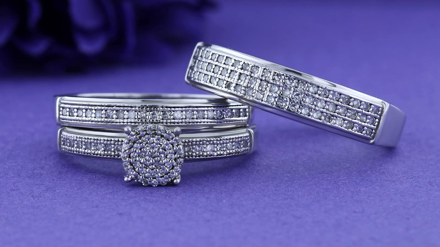 Dazzlingrock Collection 0.48 Ctw Round White Natural Diamond Cluster Trio Ring Set in 925 Sterling Silver