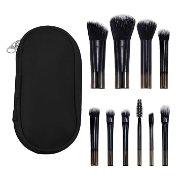 10 Pcs Mini Portable Makeup Brush Set Complete Travel Cosmetic Brushes Kit with Pouch for Blush Powder Eyeshadow Perfect for Women and GirlsBlack