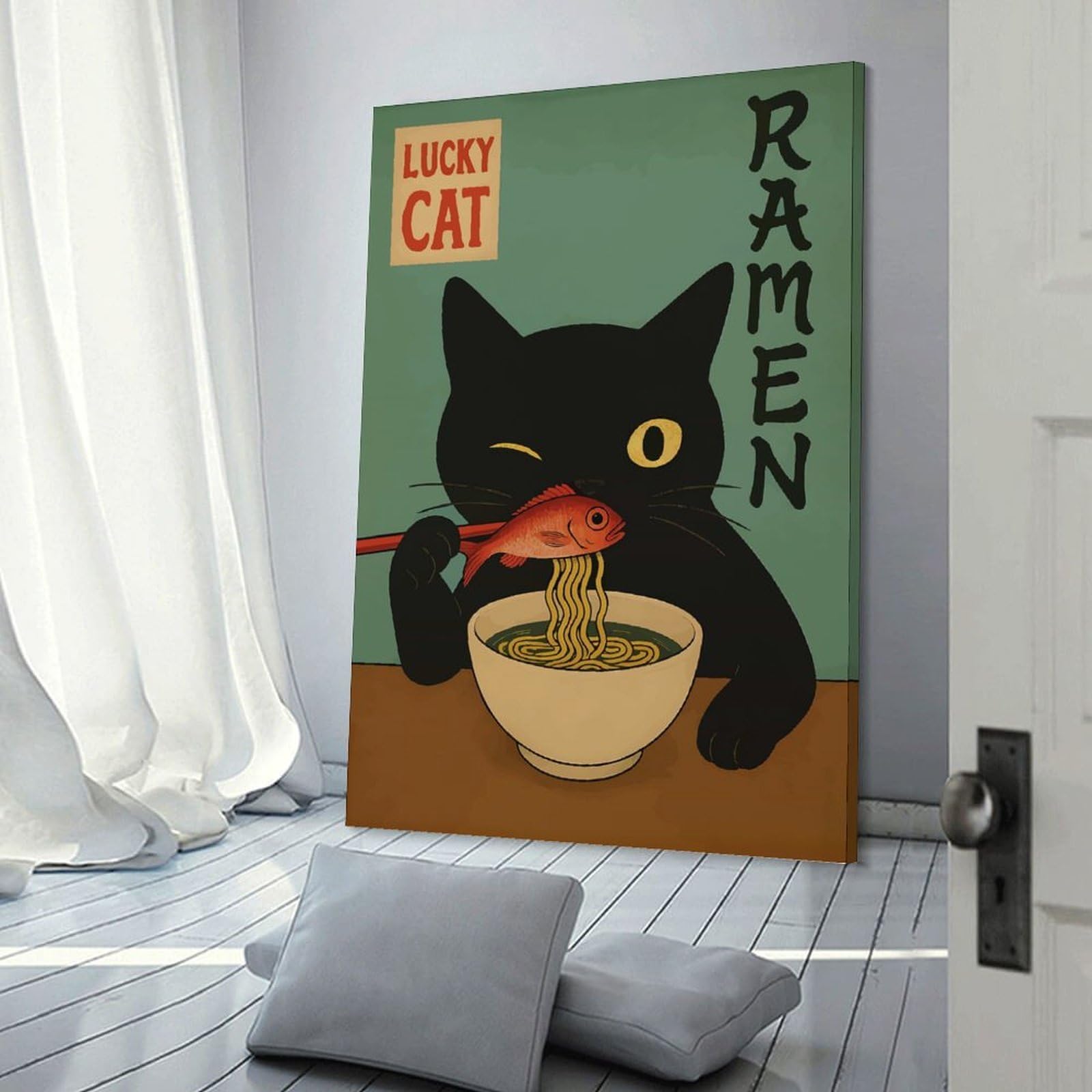 Junmoney Wall Picture Print Black Cat Ramen, 20x30inch(50x75cm), for Living Room, Bedroom Or Apartment Walls, A Home Accent with Warm Character