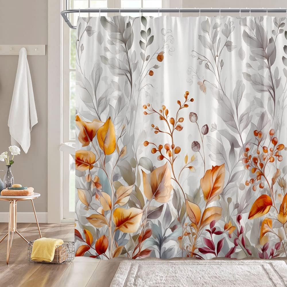 Watercolor Leaf Shower Curtain Gray Orange Rustic Abstract Leaves Flower Berry Botanical Plant Fabric Bathroom Decor Fabric Curtain with Hooks