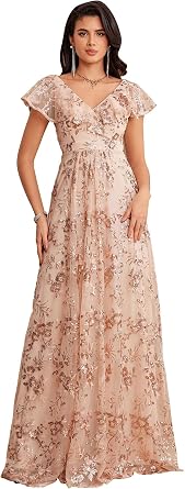 XUIBOL Sleeveless Womens Sequin Dress Formal Gowns Evening Glitter A-line Prom Dress with Ruffled Short Sleeves