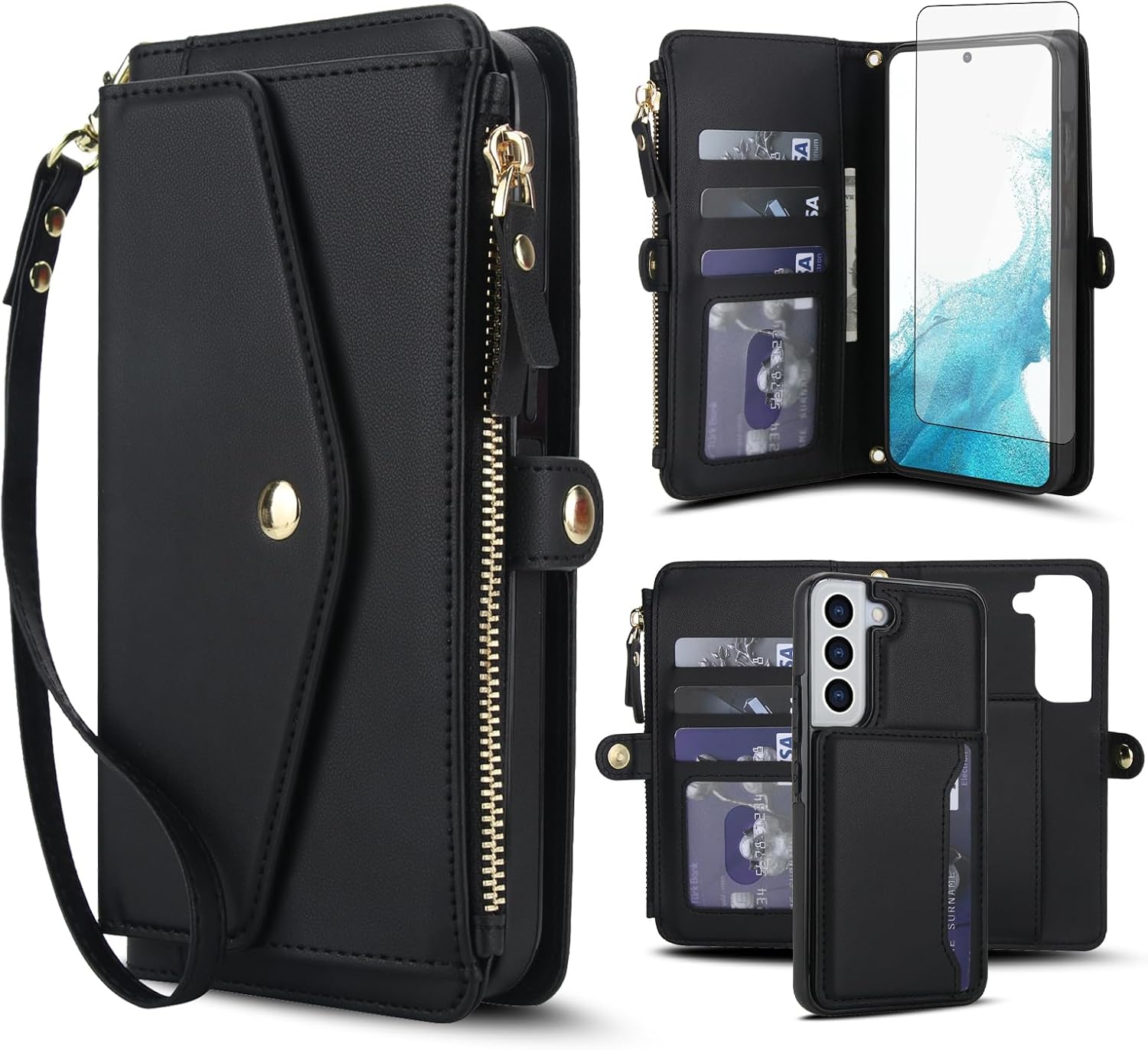 Asuwish Phone Case for Samsung Galaxy S22 5G Wallet Cover Compatible with Magsafe RFID Screen Protector Crossbody Lanyard Strap Flip Card Holder Slot Zipper Cell Purse S 22 22S 4G G5 6.1 inch Black