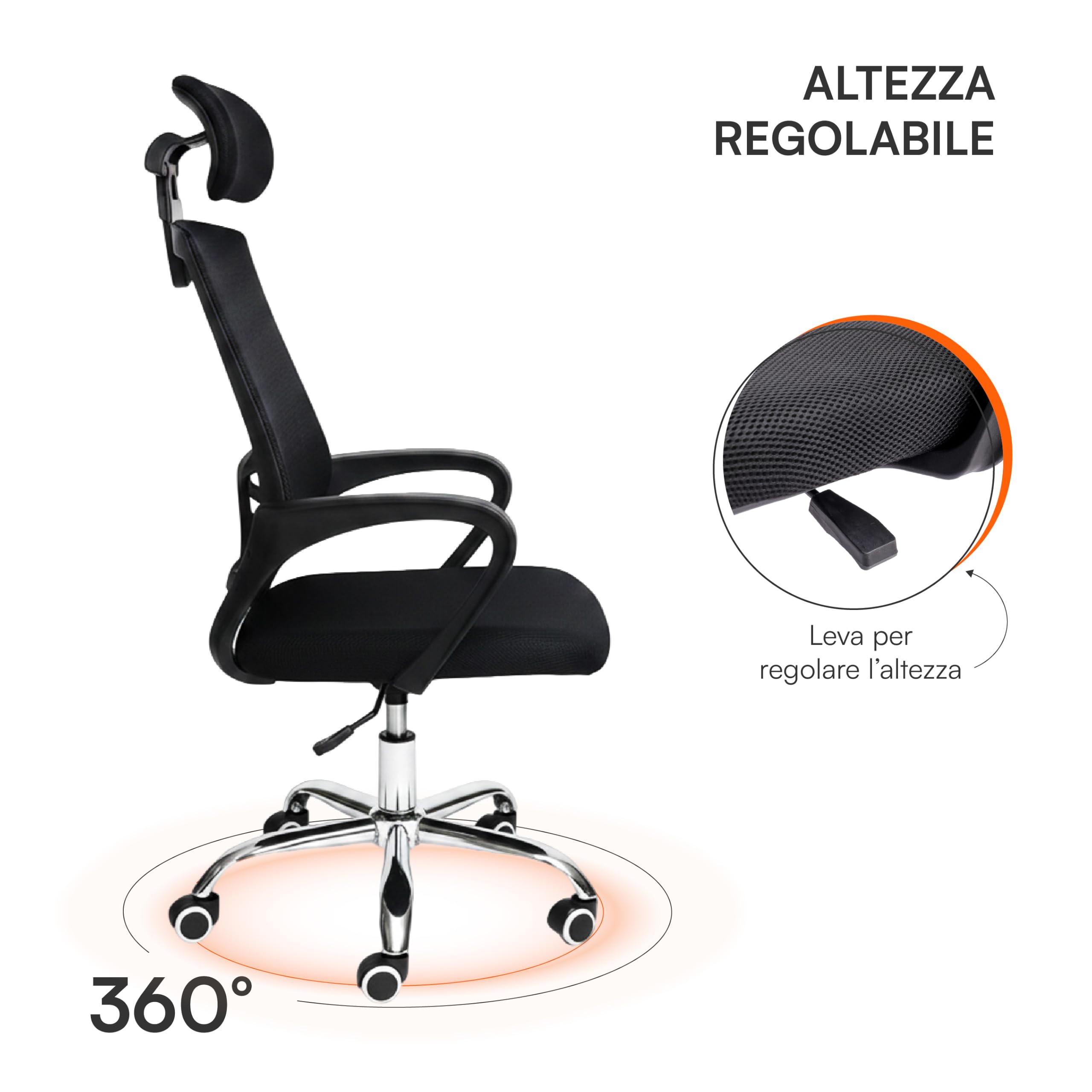 Baroni Home Sedia da Ufficio Ergonomica con Schienale Alto, Braccioli e Altezza Regolabile, Poggiatesta, Poltrona da Scrivania Girevole 360°, Seduta per Studio e Ufficio