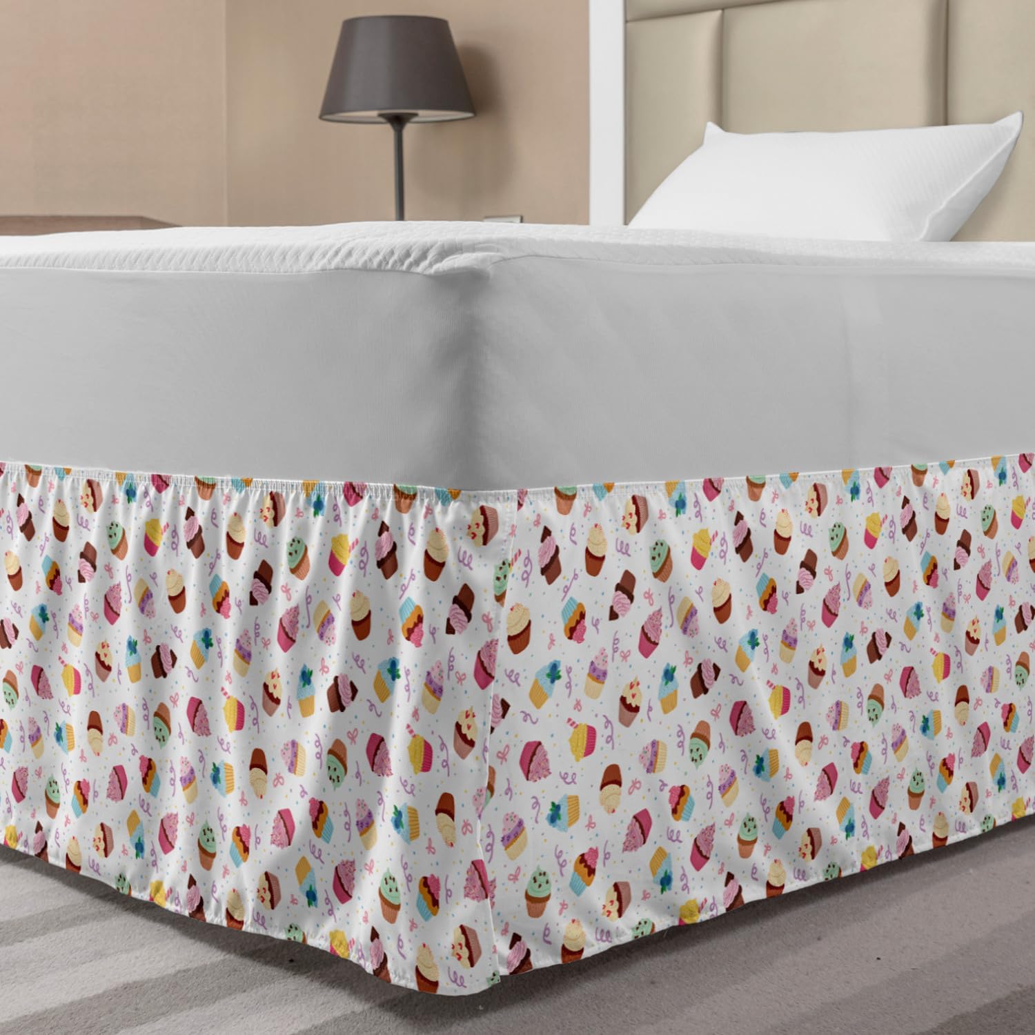 Lunarable Dessert Bed Skirt, Cupcakes Yummy Kitchen Dessert Birthday Celebration Valentines Day Happiness Design, Elastic Bedskirt Dust Ruffle Wrap Around for Bedding Decor, Twin/Twin XL, Multicolor
